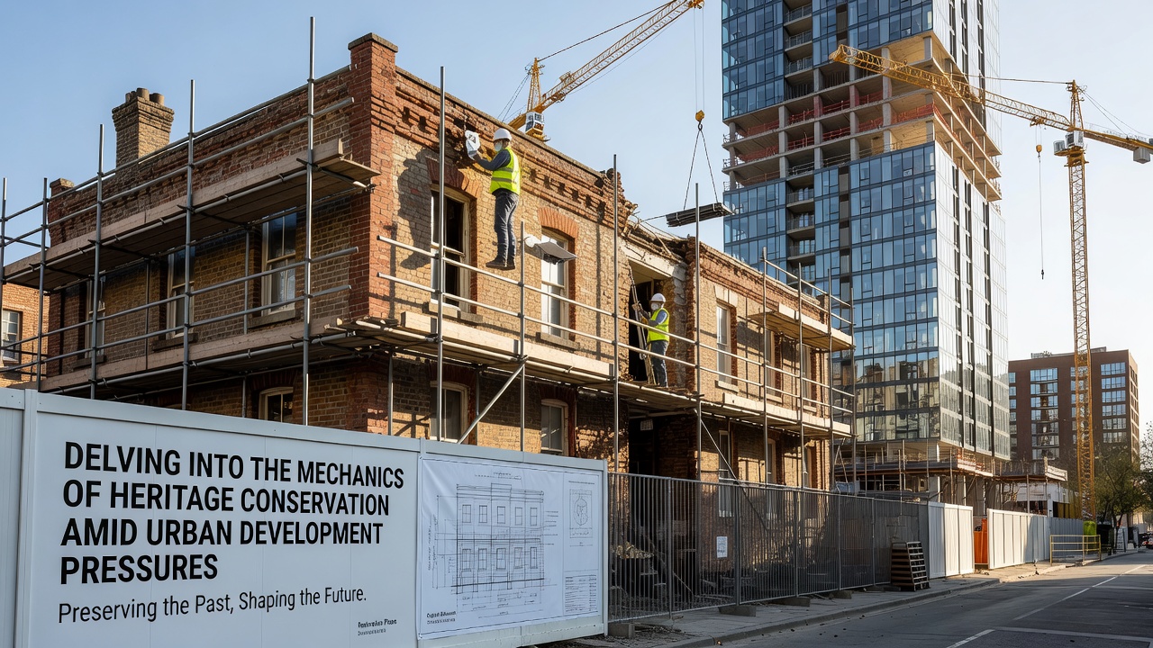 Architectural drawing overlay on a city skyline showing preserved heritage structures amid new high-rises