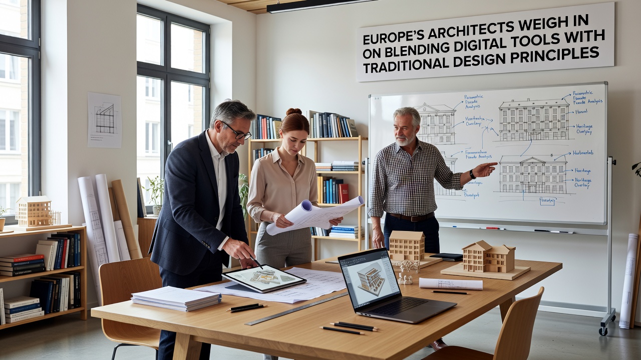 Architects collaborating on a digital overlay of a historic European building facade during a workshop